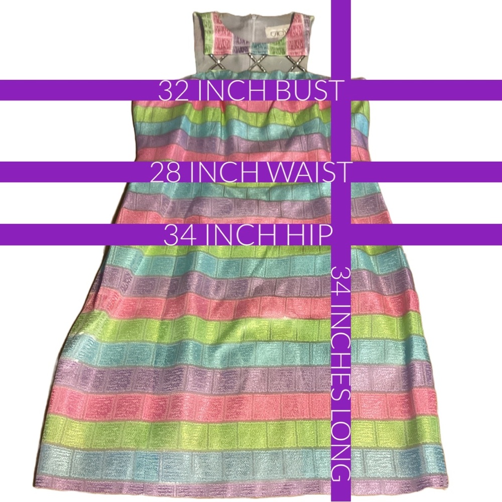 VINTAGE 1990'S CACHE MULTI-COLOR PASTEL W/RHINESTONE CUT OUTS SHEATH DRESS (2) - Picture 11 of 12